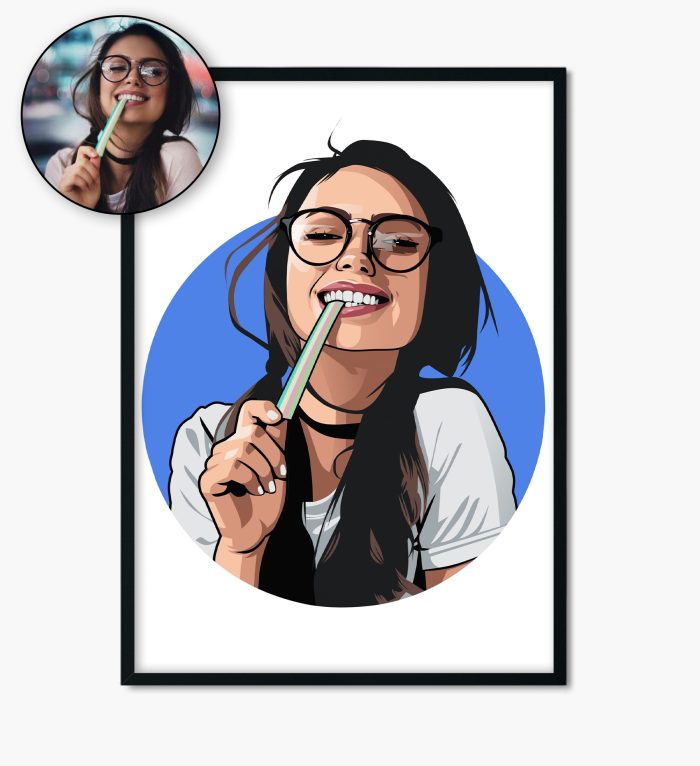 Avatar: O ilustrație digitală încadrată a unei femei zâmbitoare cu ochelari care ține un obiect verde la gură, asortată cu fotografia ei din colțul din stânga sus - perfectă ca decor tablouri sau tablou canvas.