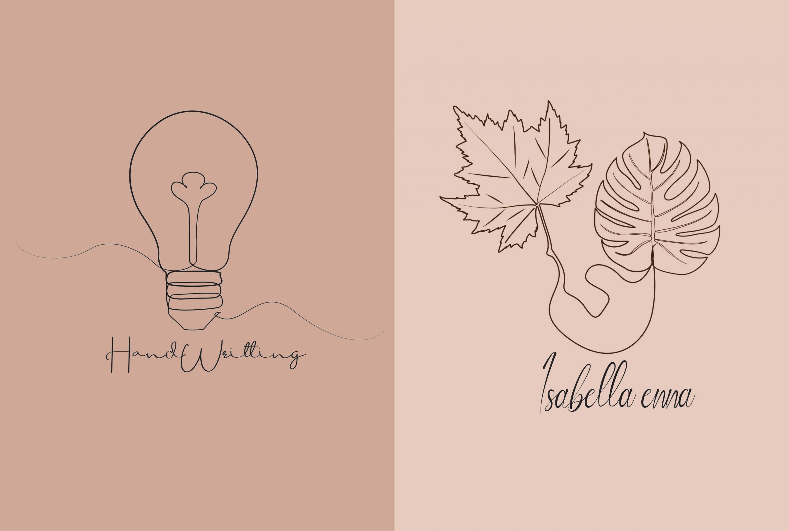O pânză minimalistă numită "Minimal" prezintă un bec etichetat "Hand Writing" în stânga și două frunze etichetate "Isabella enna" în dreapta, ambele în cursiv, așezate pe un fundal bej divizat pentru un aspect tablouri unic.