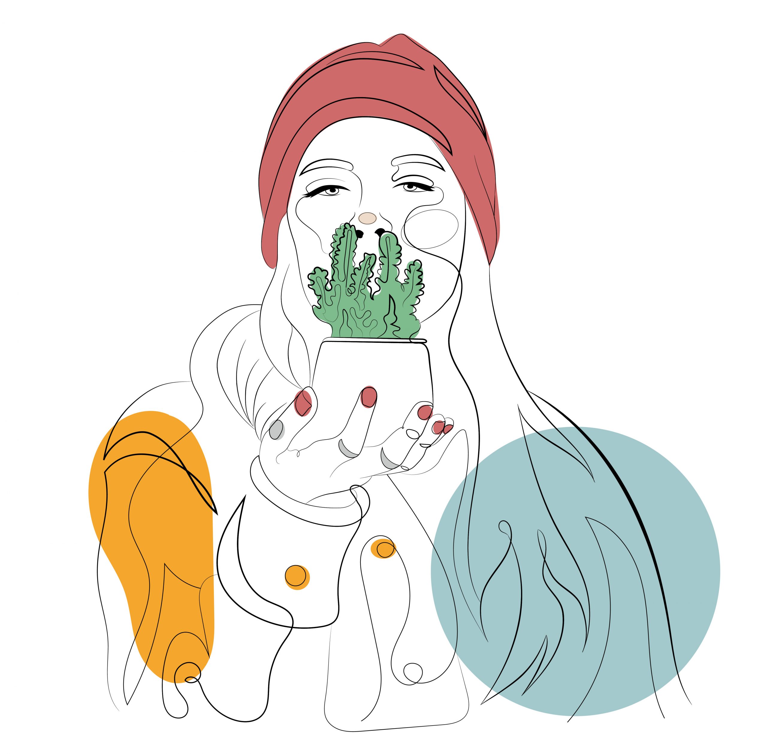 Ilustrație minimală de artă liniară a unei femei cu o bască roșie care ține un cactus în ghiveci, cu accente abstracte de culoare - perfectă ca decor de perete modern sau parte a colecției tale de tablouri. Adăugați farmec spațiului dvs. cu pânza Minimal!.