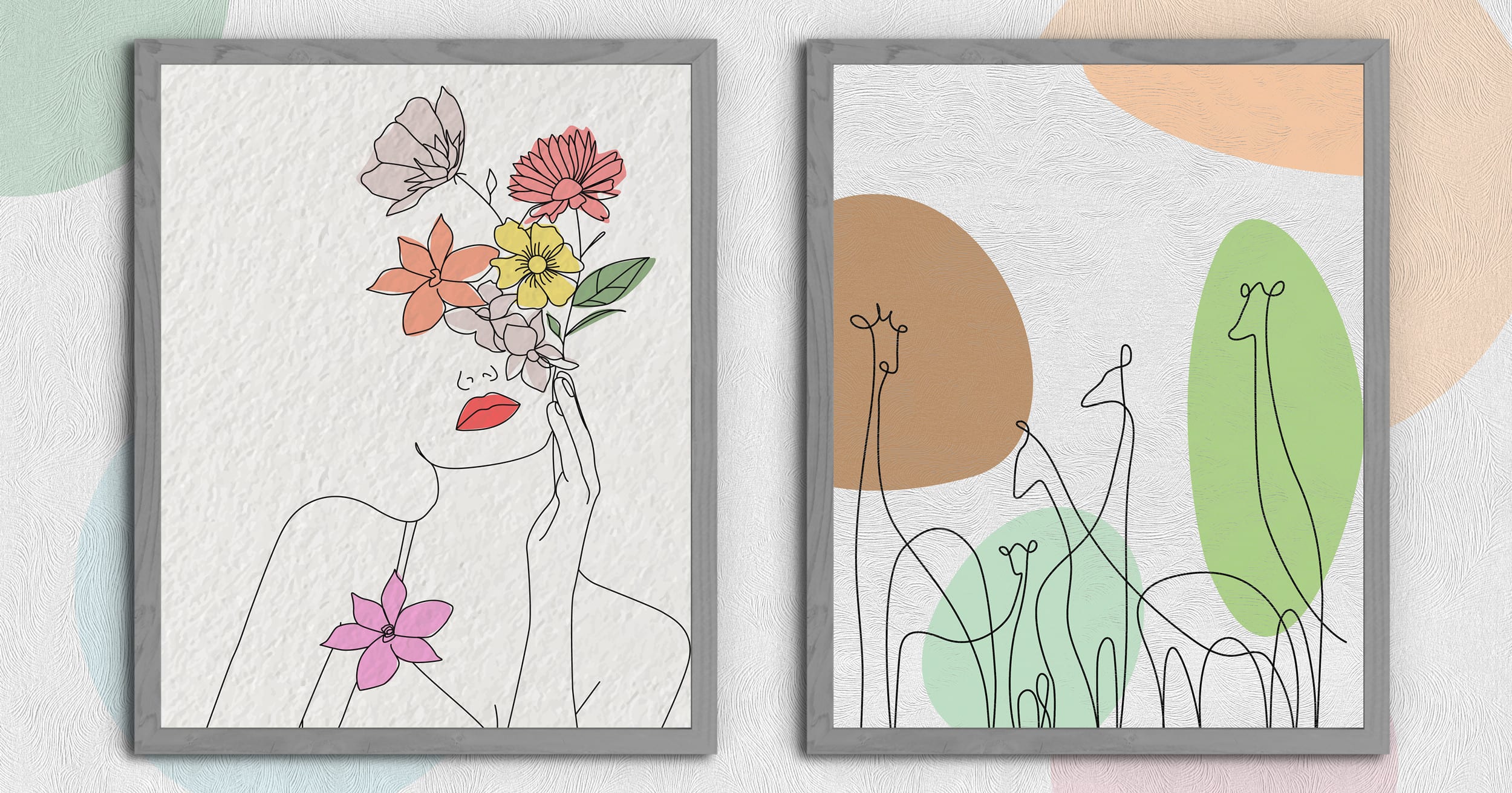 Minimal include două tablouri de artă minimalistă cu linii înrămate: o pânză tablou cu o femeie cu flori și fluturi pe cap și una cu girafe abstracte așezate pe forme colorate.